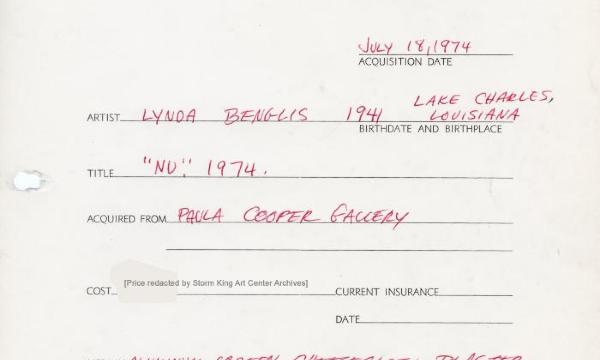 Lynda Benglis, <em>Nu</em>, 1974 (Storm King Art Center acquisition form, 1974)